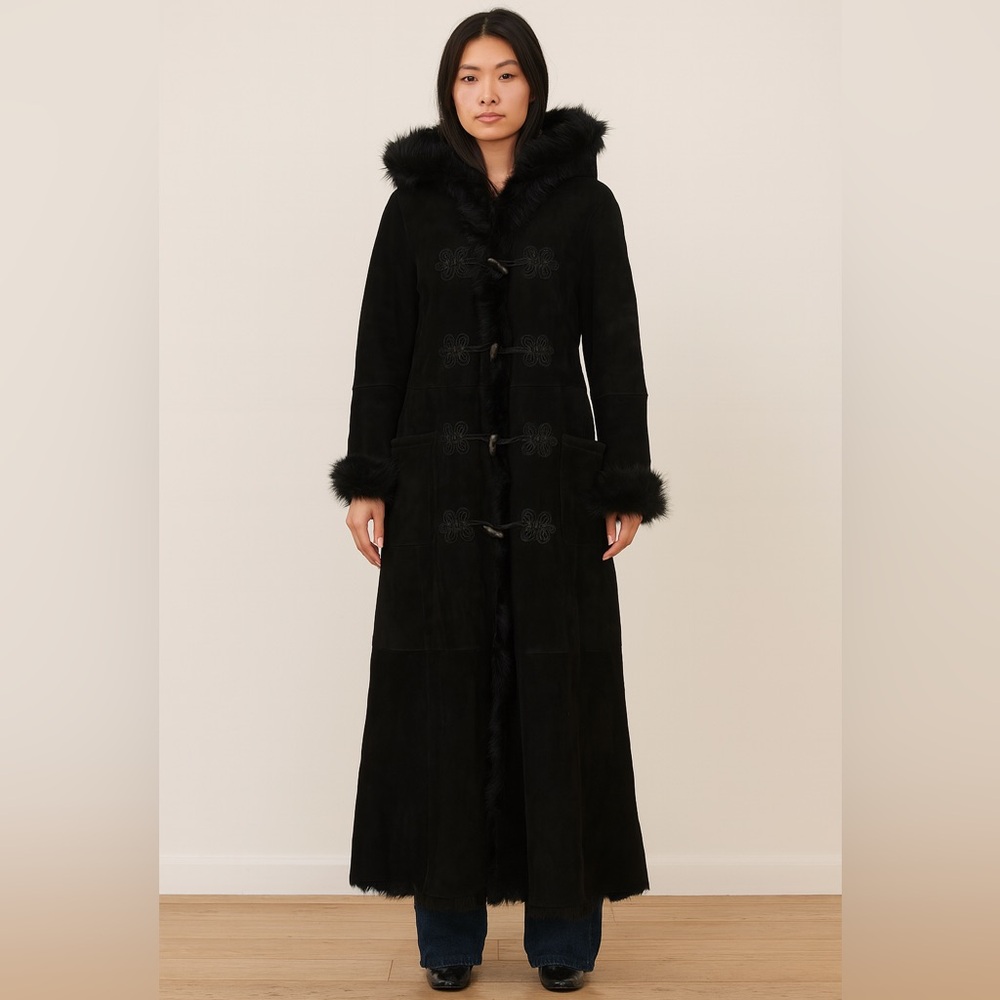 Vintage Ralph Lauren Black Shearling Lamb Fur Long Duffle Coat size Large